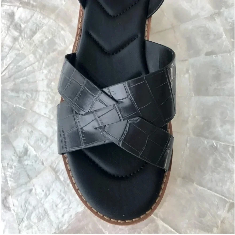 New Franco Sarto Sabello Platform Sandal cork Croc Embossed black animal print